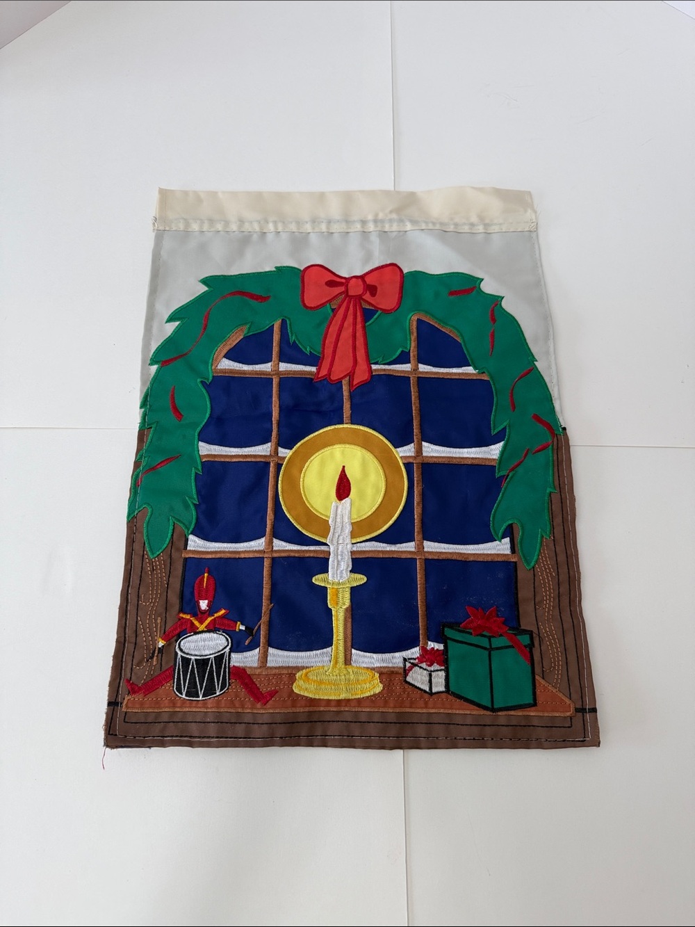 Holiday Window Banner with Green Wreath, Red Bow, and Candle